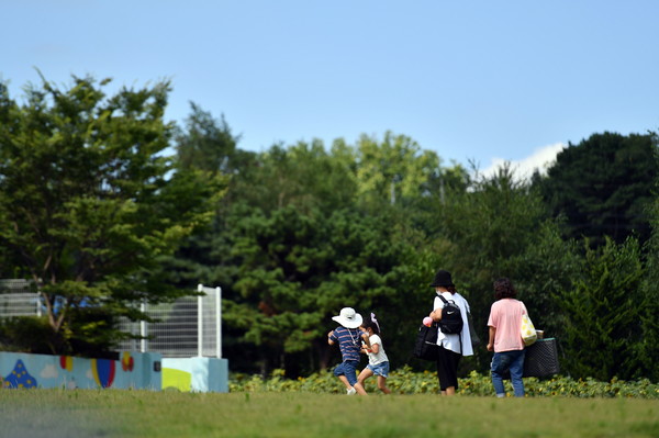 지난해 7월 수원시 탑동 시민농장을 찾은 시민과 아이들이 잔디밭에서 뛰어놀고 있다.