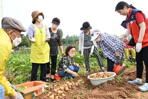 수원시농업기술센터와 한경대학교 친환경농업연구센터 관계자들이 행복한 시니어 가드너의 텃밭 수확물 나눔을 앞두고 기념촬영을 하고 있다