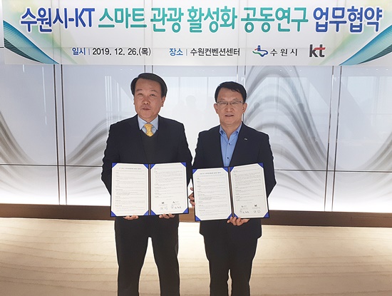 조청식 수원시 제1부시장(오른쪽)과 최철 ㈜KT 경기법인사업단장(왼쪽)이 함께하고 있다.
