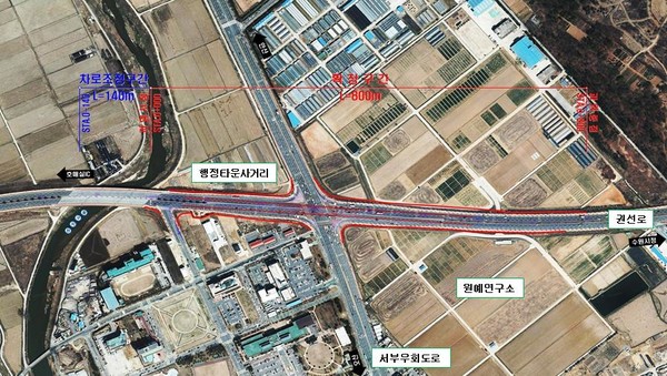 행정타운교차로 고가차도 위치도(항공사진).