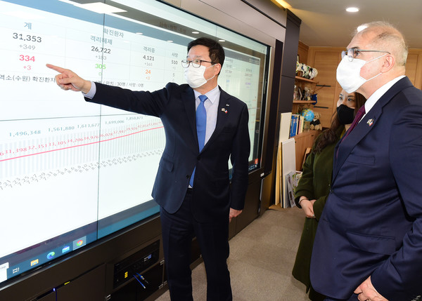 염태영 시장이 집무실에서 르포르 대사에게 코로나19 현황을 설명하고 있다.