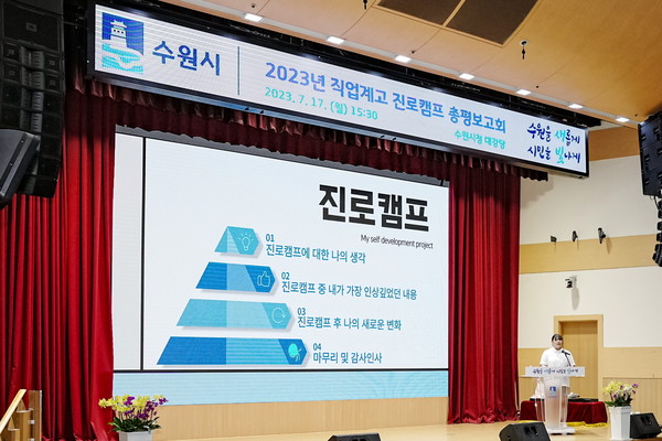 지난 17일 오후 수원시청 대강당에서 한 학생이 직업계고 진로캠프 소감을 발표하고 있다.