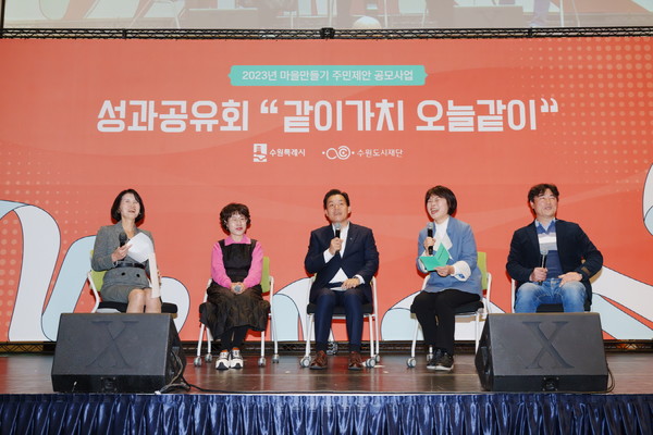 지난 17일 수원컨벤션센터에서 열린 ‘2023년 마을만들기 공모사업 성과공유회’에서 이재준 수원특례시장이 토크콘서트를 진행하고 있다.